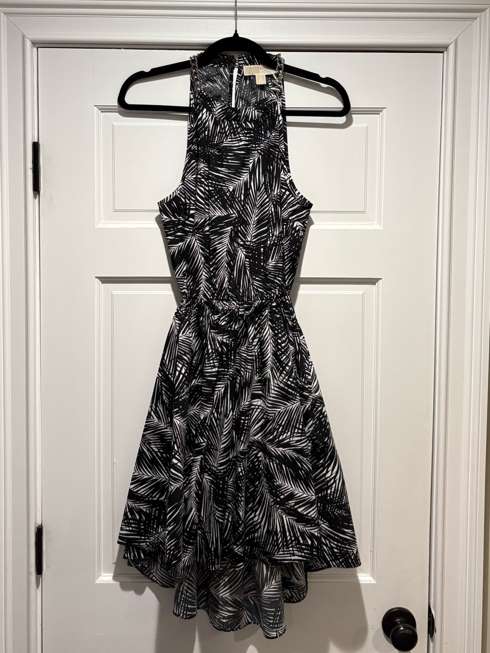 Michael Kors Small Black & White Asymmetrical Palm-Print Halter Dress